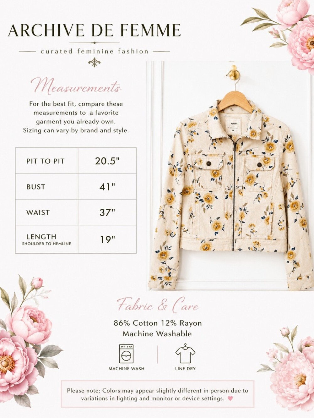 Sonoma Floral Denim Jacket Women’s Medium Cream Cottagecore Zip Front - Picture 9 of 12